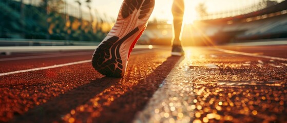 Athletic runner intensely prepares for competition in sunlit stadium, focus on motion blur around