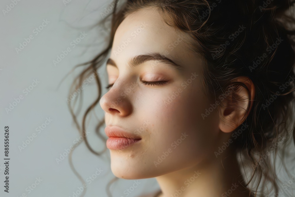 Wall mural serene profile of meditation instructor eyes closed peaceful expression soft natural lighting minimalist zeninspired background