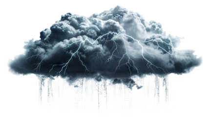 Dark rainy stormy cloud with lightning and rain, cut out