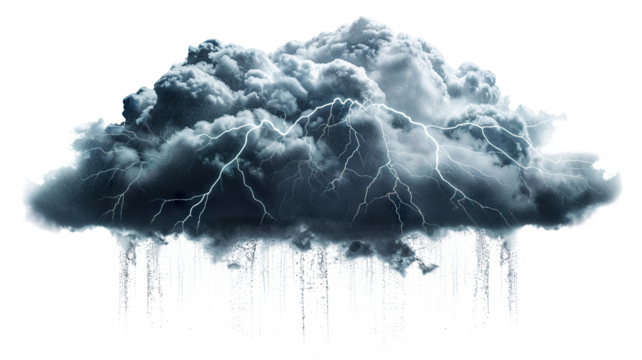 Dark rainy stormy cloud with lightning and rain, cut out