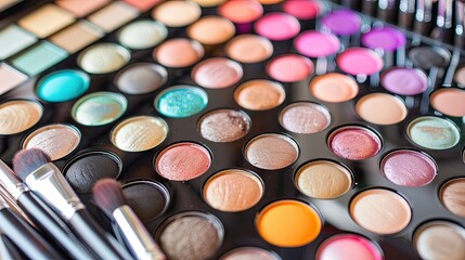 Makeup palette with a brush. There are many different colors of shadows in the palette. The scene is a makeup artist's workspace with a variety of products available for use. Illustration for design.