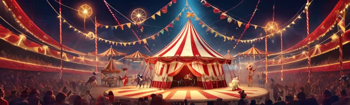 Christmas-decorated circus. The circus tent is surrounded by colorful ornaments and garlands. Web banner