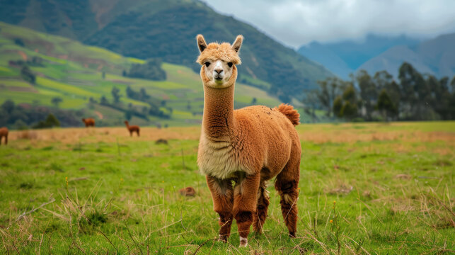 friendly alpaca standing in a lush green field with scenic mountain backdrop