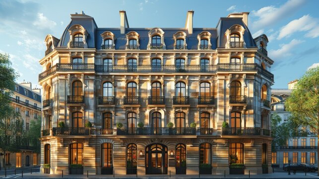 A Parisian Afternoon: Golden Hour Casts a Warm Glow on a Grand Haussmann Building. Generative AI