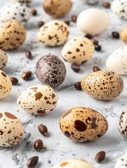 Obraz premium Quail eggs and coffee beans on a marble surface