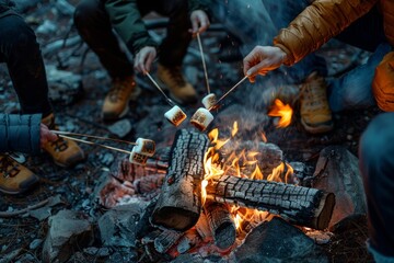 Friends gather around crackling campfire, skillfully toasting marshmallows on sticks, laughter