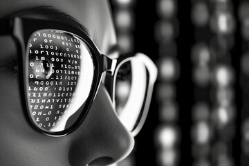 Close-up of young adult with binary code reflections on glasses
