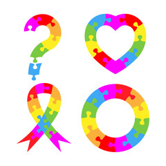 Autism Awareness Day. Set of design elements. Colorful puzzle vector. Question mark, heart frame, ribbon and circle symbols.