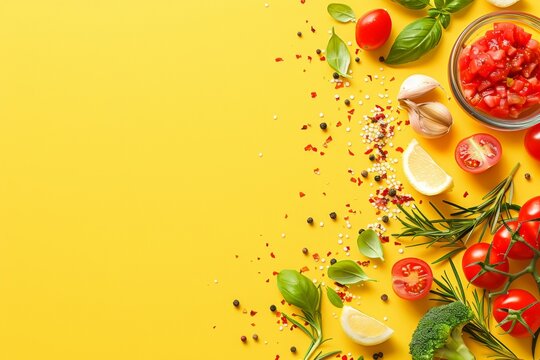 Colorful array of fresh vegetables and spices on vibrant yellow background