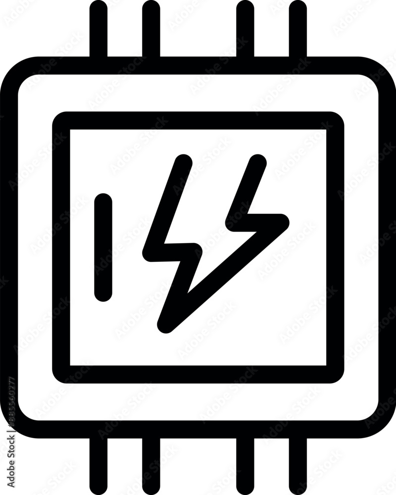 Poster line art icon of a microchip showing a lightning bolt symbol, representing processing power