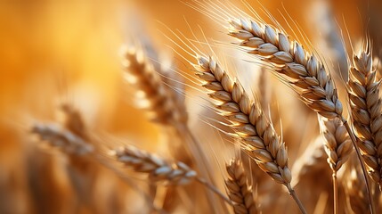Close up of wheat ears on the field. Golden wheat.