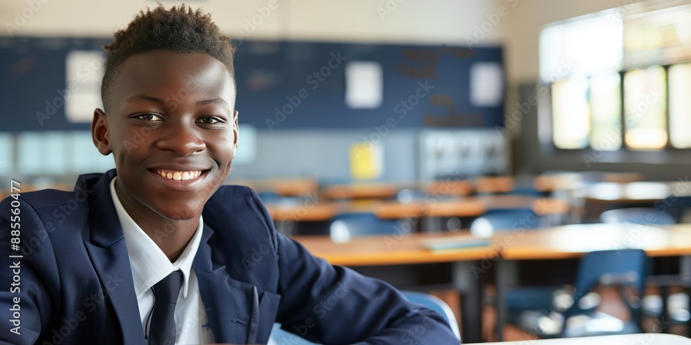 Wall mural african american teen boy wears classy school uniform with blue jacket, black tie. stands in front o