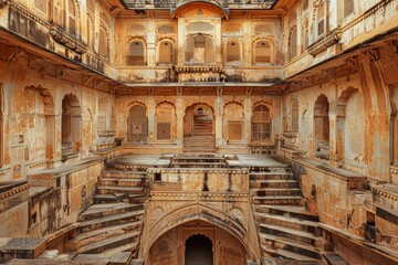 Fototapeta premium Stunning step well in Jaipur, India, with elaborate staircases and ornate carvings, evoking wonder