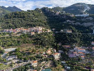 Fototapeta premium Aerial view on Italian Riviera from French-Italian border in Grimaldi village, Ventimiglia near San-Remo, travel destination, panoramic view from above