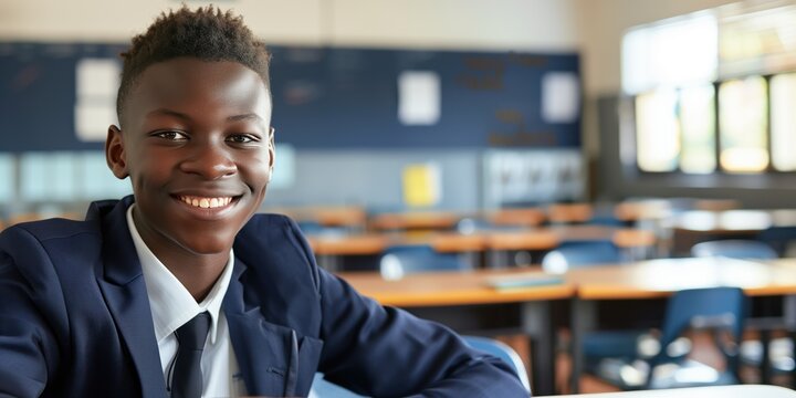 African American teen boy wears classy school uniform with blue jacket, black tie. Stands in front of desk with two chairs in gray classroom. Student smiles at camera for back to school theme.