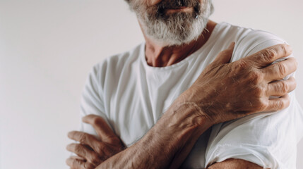An elderly man grasping his shoulder, showing signs of discomfort or pain. This image emphasizes issues like arthritis or muscle pain common in older adults.