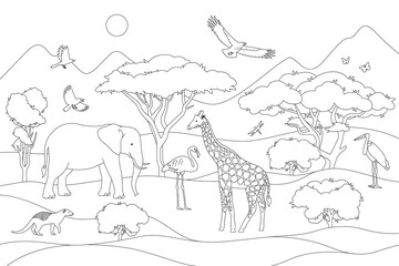 African animals landscape coloring page. Line art illustration. Nature of africa wildlife. Not merged, separate elements.