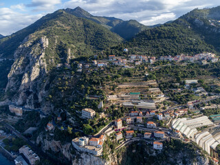 Aerial view on Italian Riviera from French-Italian border in Grimaldi village, Ventimiglia near San-Remo, travel destination, panoramic view from above