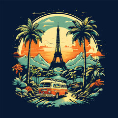 A retro style illustration of a tropical landscape with the Eiffel Tower in the background, featuring a vintage orange van, palm trees, mountains, and a vibrant sunset sky