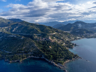 Aerial view on Italian Riviera and Mediterranean Sea from French-Italian border in Grimaldi...