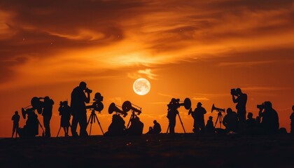Fototapeta premium Silhouettes of a group of people standing on a beach, gazing through telescopes at a sun