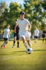 Fototapeta premium Young Soccer Player Dribbling on Field During Sunny Outdoor Match