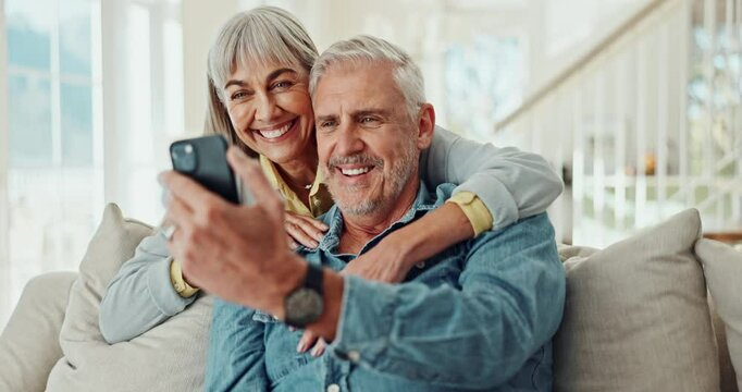 Mature couple, home and video call with happy conversation, network and virtual communication. Man and woman relax, talking and wave hello on smartphone for family online chat on holiday or vacation