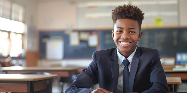 African American teen boy sits at desk in classroom with blue suit, tie smiling directly into camera. Educational atmosphere created by posters on wall. Back to school theme with formal attire.