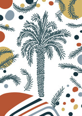 Obraz premium Lovely Hand Drawn Tropical Landscape vector Ilustration with Brown-White Palm Tree on a Light Brown Background.Single Sketched Palm Tree Print ideal for Wall Art, Card, Poster.Exoctic Vacation Design.