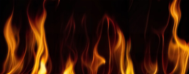 Fototapeta premium Abstract colorful background with close-up of fire with flames on dark background, showcasing a variety of shapes and colors from orange and yellow to dark red, along with a sense of motion and energy