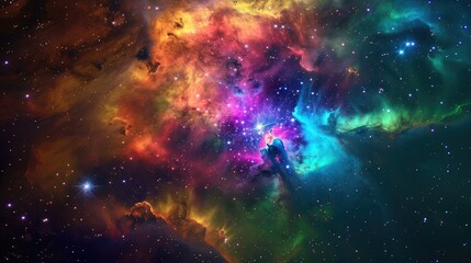 A breathtaking view of a colorful galaxy cloud nebula with vibrant hues, surrounded by twinkling stars in the vast cosmos.
