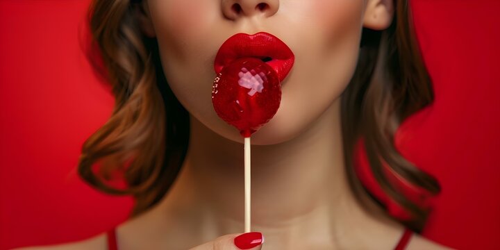 Woman with red lipstick sensually enjoying a shiny red lollipop. Concept Sexy Red Lollipop Session