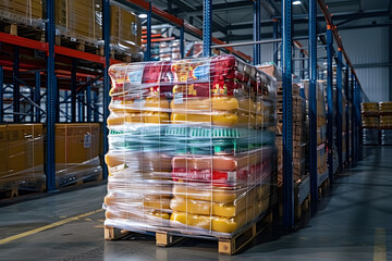 Pallet of wrapped food products in warehouse