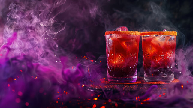 dramatic crimson cocktails with smoky  purple backdrop and orange salted rims on a mystical night