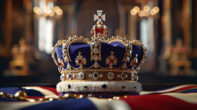 King charles england king British flag and crown illustration of Crown Jewels of the United Kingdom.