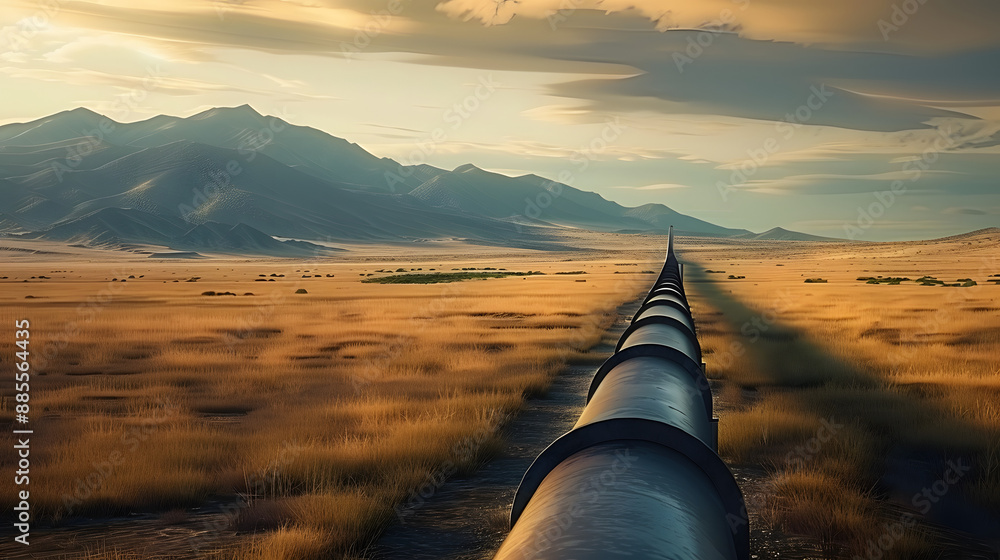 Poster oil pipeline running through a field towards a mountain in the distance.
