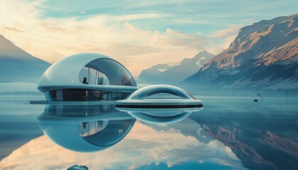 Obraz premium Futuristic dome structure sustainable living amid serene mountain landscape