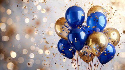 Gold and royal blue balloons with confetti gold mirrored balloon party stars bokeh white background