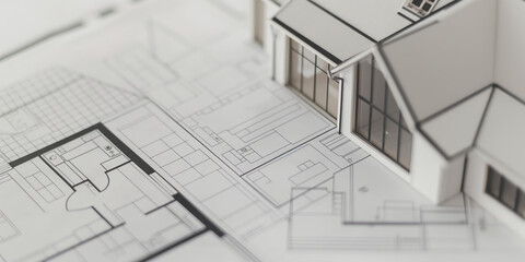 Architectural Blueprints CloseUp with Model House Illustrating Modern Residential Design Concepts