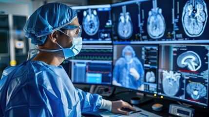 A physician examines MRI images of a patient's brain. Instrumental diagnosis of diseases of the nervous system organs. An experienced specialist at work. Illustration for cover, brochure, advertising.