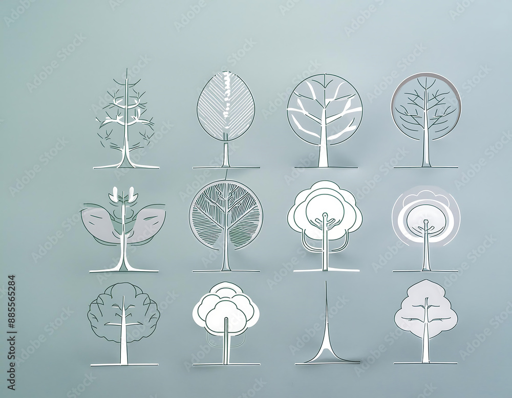 Poster minimal trees linear icons- a vector set of minimalistic tree icons in linear style. _1(211)