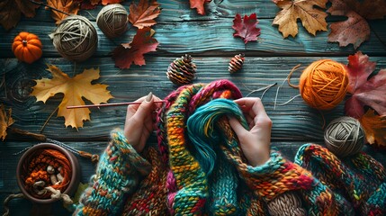 Obraz premium Knitting a Scarf: Hands knitting a scarf with knitting needles and colorful yarn, with a cozy setting around. 