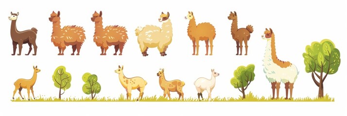 Alpacas icons set, alpaca minimal symbol, animal flat cartoon on white background