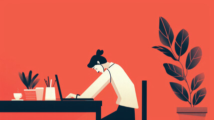  Illustration of an Asian woman working intently on a laptop at a desk, surrounded by plants and stationery, set against a vibrant red background, symbolizing dedication