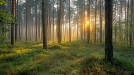 Early morning sunlight filters through the trees in a misty pine forest, illuminating the lush green undergrowth