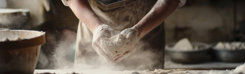 Baker's Hands Kneading Flour in Rustic Kitchen