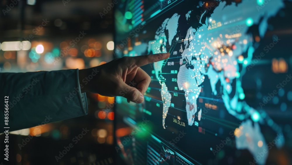Poster a hand points at a digital world map on the screen, surrounded by data and graphs the background is 