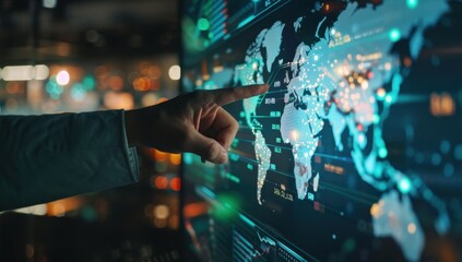 A hand points at a digital world map on the screen, surrounded by data and graphs The background is dark with a blurred office space in focus Generative AI