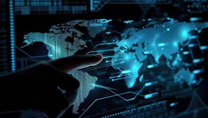 Digital interface showing a global business network, with a touch screen map and financial graphs on a dark background Generative AI
