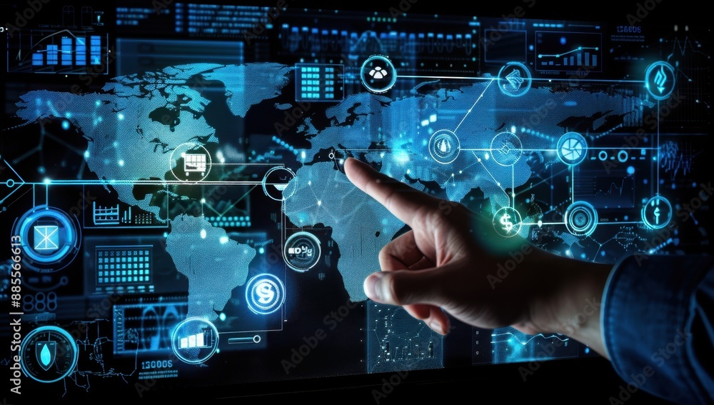 Poster digital interface showing a global business network, with a touch screen map and financial graphs on